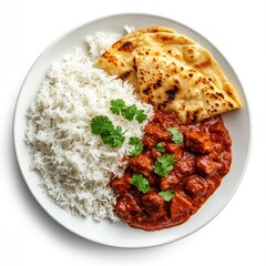 Wall Mural - Delicious Plate of  Chicken Tikka Masala and Rice and Naan Isolated on a White Background 