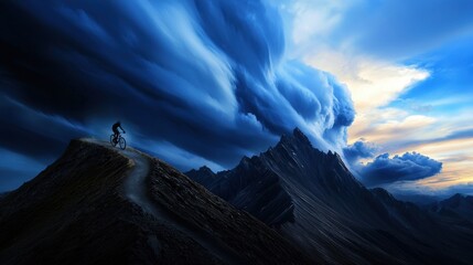 Wall Mural - A man is riding a bike on a mountain top