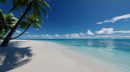 Wall Mural - A beautiful beach with a palm tree in the foreground