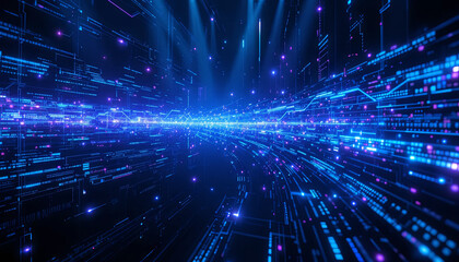 A vibrant array of blue and purple lines flows through a digital realm, creating an energetic atmosphere. This representation of data movement signifies progress in technology and innovation