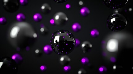 Wall Mural - Abstract dark background with floating shiny spheres and purple lights.