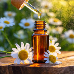 Wall Mural - Flowers Roman chamomile, amber glass bottle with pipette glass in table wood, drop oil essential, aromatherapy, Óleo Essencial Camomila-Romana, Chamaemelum nobile