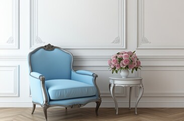 Canvas Print - A cozy, classic-style room with blue walls, stucco, molding, and a comfortable armchair