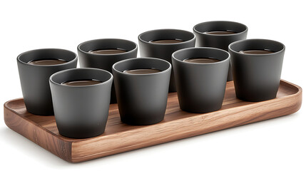 Wall Mural - A wooden tray with nine black coffee cups on it. generated using AI