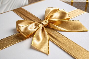 Wall Mural - Gold Ribbon Bow Tied on a White Background