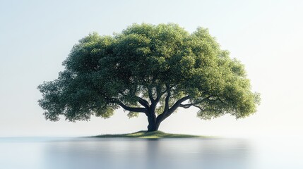 Poster - Solitary tree on island, calm water, misty background; nature serenity