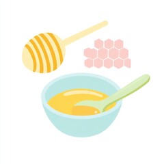 Poster - Honey bowl, dipper, honeycomb; sweet breakfast