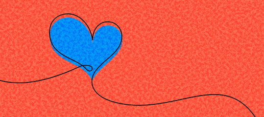 Canvas Print - A vibrant blue heart with a black outline connected by a flowing line on a textured red background. Vector illustration.