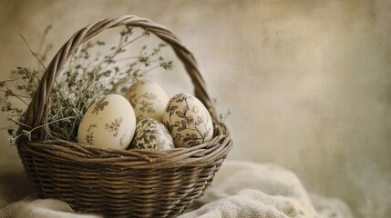 Elegant woven basket filled with intricately decorated eggs and delicate greenery on a neutral background