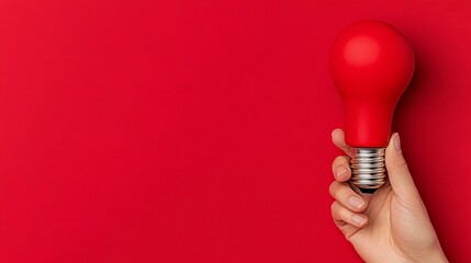 Wall Mural - Red Lightbulb Inspiration: A hand delicately holds a vibrant red lightbulb against a bold crimson backdrop, symbolizing innovation, creativity, and a fresh perspective.  