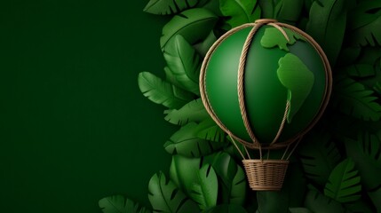 Wall Mural - Green Earth Hot Air Balloon: A symbolic green hot air balloon in the shape of planet Earth, adorned with leafy green foliage, soars against a lush, green backdrop.