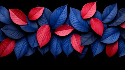 Wall Mural - Red and Blue Leaves Pattern: A captivating arrangement of deep red and navy blue leaves creates a striking, symmetrical pattern against a stark black backdrop.