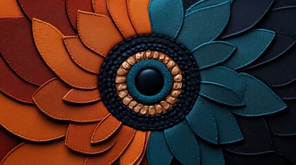 Leather Sunflower Mandala: A mesmerizing close-up shot of a handcrafted leather sunflower mandala, showcasing rich autumnal hues of burnt orange, deep teal, and accents of gold.