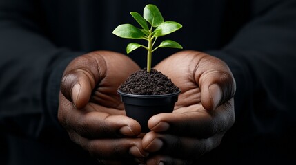 Wall Mural - Nurturing Growth: A pair of hands gently cradle a small potted plant with vibrant green leaves, symbolizing new beginnings, hope, and the power of nature to heal and regenerate.