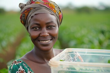 Wall Mural - African woman in greenfield with farming concept and smile.