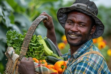 Wall Mural - portrait of african farmer carrying a basket of vegetables