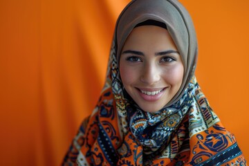 Wall Mural - portrait of beautiful young smiling muslim woman in traditional religious hijab on orange background