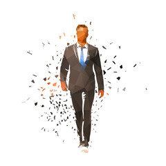 Wall Mural - Businessman walking forward, geometric clip art, isolated low poly vector illustration with dispersion effect. Isolated business people