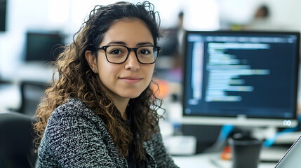 hispanic female software engineer working on a laptop in a high-tech office