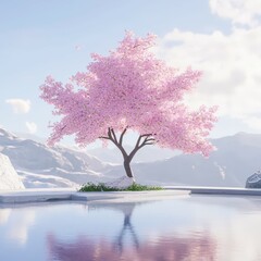 Wall Mural - Cherry blossom tree beside a tranquil pool in a mountain setting