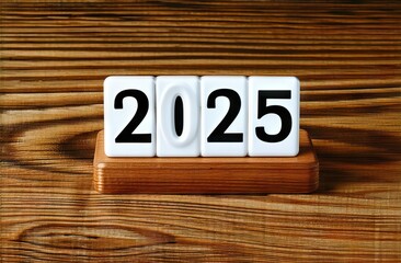 white cubes with digits 2025 on on a wooden background. Business Target and Goals Trends 2025. a place for text and advertising