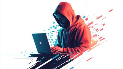 A young man, wearing a red hoodie, intensely focuses on his laptop. The image is digitally enhanced with vibrant colors and abstract design elements, creating a dynamic and mysterious mood.