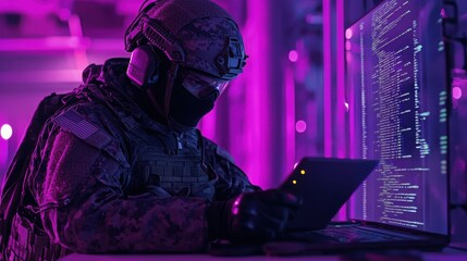 A male soldier in tactical gear focuses intently on a tablet and a large computer screen filled with code in a dimly lit room bathed in purple hues.  Cybersecurity, digital warfare concept.