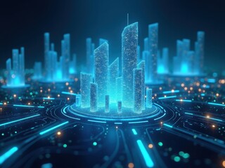 Wall Mural - futuristic cityscape with glowing skyscrapers and blockchain technology representation at dusk