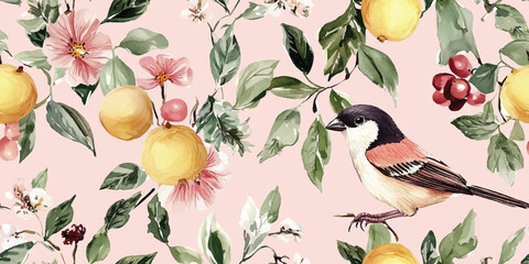 Wall Mural - Seamless vintage pattern with flowers and birds on fruit tree branches on soft pink background