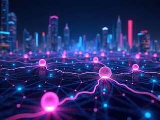 Wall Mural - blockchain network visualization with vibrant connections and modern city skyline at night showcasin
