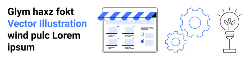 E-commerce website interface with awning, text elements, gears, and lightbulb plant growth concept. Ideal for online business, technology, innovation, growth, web design development environmental