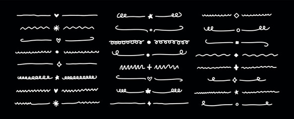 Poster - Hand drawn dividers doodle set. Collection Lines, underlines and borders with different shapes. Isolated vector elements on black background.