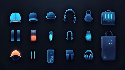 Futuristic Gadgets Collection Headphones, Caps, Bags, and Controllers on Dark Background for Tech Website Design