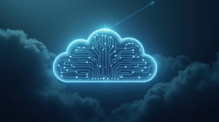 Cloud-shaped digital circuit glowing brightly, symbolizing modern cloud storage and data technology amidst dark clouds