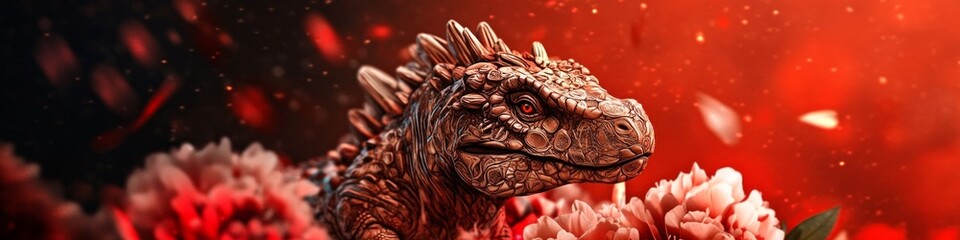  Intricate dragon figurine amidst red blossoms. Fiery, fantasy art.