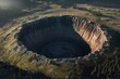 © Vitalii Shkurko - Drone perspective reveals a vast crater formed by nuclear testing, showcasing dramatic topography and surrounding green landscape under soft sunlight
