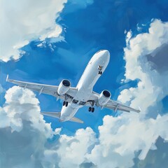 Poster - Airplane flying through a clear blue sky with fluffy white clouds during a sunny day. Generative AI