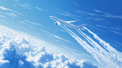 Aufkleber - High altitude commercial airplane flying through a clear blue sky above fluffy clouds. Generative AI