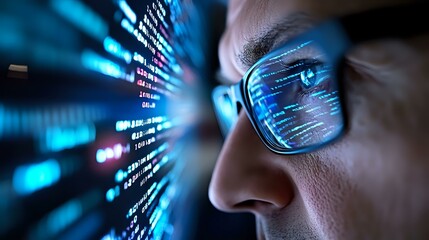 close up view of programmer glasses reflecting blue computer code on screen, dramatic lighting highl