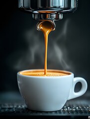 Wall Mural - Fresh espresso pouring from coffee machine into white ceramic cup with golden crema and steam on dark background, close-up shot for cafe menu and advertising.