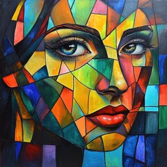 Vibrant Female Portrait in Cubist Style: An Abstract Artistic Exploration of Beauty and Color on a Square Canvas
