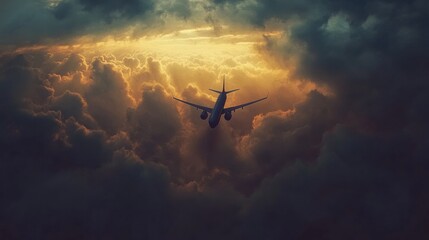 Poster - Airplane flying through dramatic clouds at sunset over the horizon. Generative AI