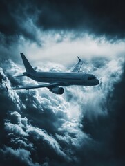 Aufkleber - Dark clouds surround an airplane flying through a turbulent sky during a late evening flight. Generative AI