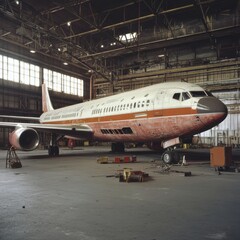 Poster - Abandoned airplane rests inside a large hangar with natural light pouring through the windows. Generative AI