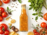 Italian salad dressing in a clear glass bottle with colorful vegetables and herbs on a white background, cooking, salad dressing, healthy