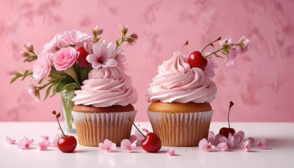 Wall Mural - Light pink background with a cupcake, cherry, and fresh flowers arrangement, light pink, edible decoration