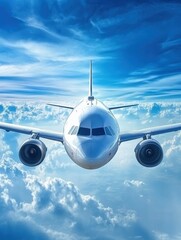 Aufkleber - View of a commercial airplane flying above the clouds during a bright day with a clear blue sky. Generative AI