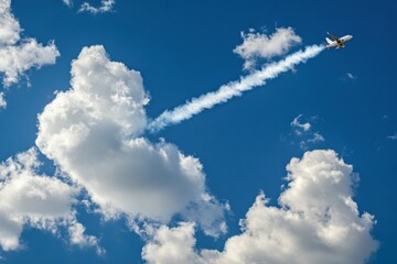 Poster - Airplane flies through a clear blue sky with white clouds leaving behind a vapor trail at midday. Generative AI