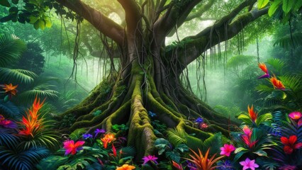 Vibrant rainforest showcasing a majestic tree surrounded by colorful flora and greenery