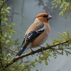 Wall Mural - Hawfinch perched on a thin branch with small twigs and leaves surrounding it, hawfinch, tree, habitat